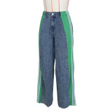 2024 summer fashion splicing three stripes wide-legged denim pants women's new casual high-waisted stretch straight pants