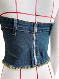 Stretch Denim Fabric Appliquéd Embroidered Denim Faux Skirt Bandeau Top