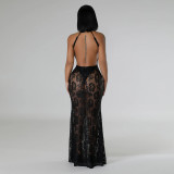 Sexy fashion lace blockbuster backpack hip Slim nightclub must-have neck dresses