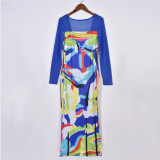ins style dress color clashing mesh long sleeve printed square neck pullover one step skirt