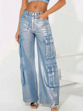 Stretch Denim Multi-Pocket Work Pants with Silver Stamping