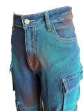 Stretch Fabric Trendy Style Multi-Pocket Wide Jet Color Denim Straight Leg Work Pants