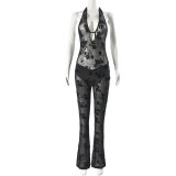 Sexy V-neck sleeveless pants tie Europe and the United States see-through jumpsuit pants