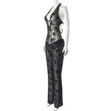 Sexy V-neck sleeveless pants tie Europe and the United States see-through jumpsuit pants
