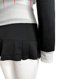 Colorblocking Long Sleeve Hooded Flap Pleated Work Hem Short Skirt Two Piece Set