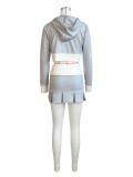 Colorblocking Long Sleeve Hooded Flap Pleated Work Hem Short Skirt Two Piece Set