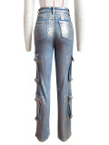 Stretch Denim Multi-Pocket Work Pants with Silver Stamping