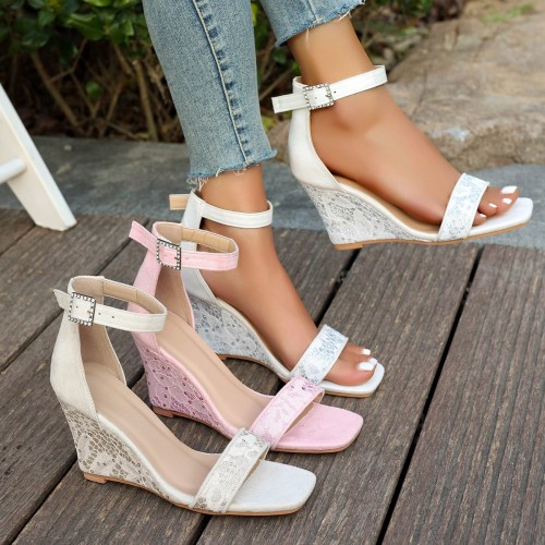 Plus Size Slope Heel Suede One Lace Buckle High Heeled Sandals