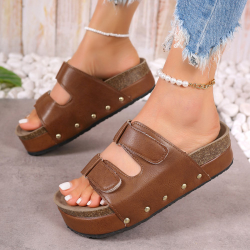 Fashion Thick Bottom Flat Heel Double Buckle Rivet Large Size Beach Slippers