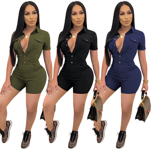 Casual Solid Color Lapel Short Sleeve Single Breasted One-piece Shorts