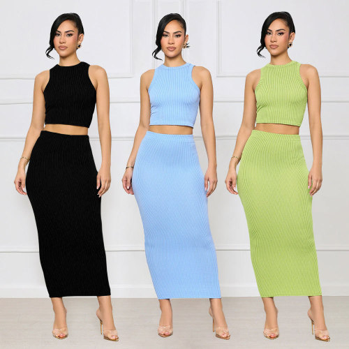 Tight two-piece sleeveless round neck package hip long dress temperament Slim suit