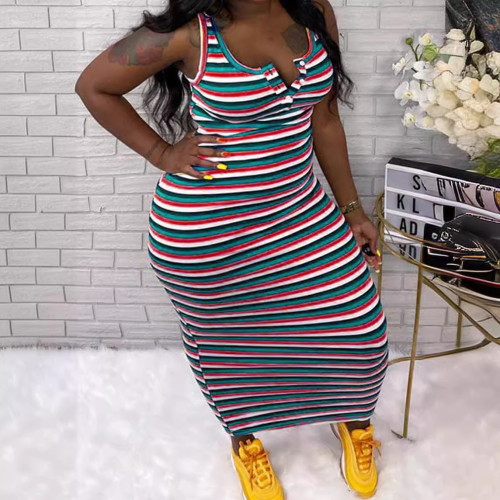 Personalized notch v-neck plus size slimming colorful striped dresses