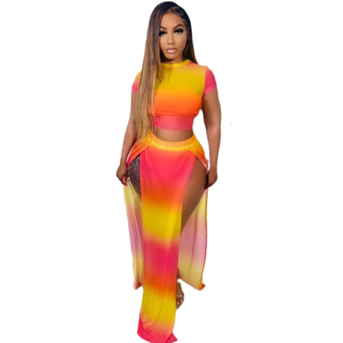 Printed Short Sleeve Gradient Color Clash Split Long Dress Two Piece Set