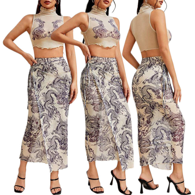 Women's sexy fashion summer models digital printing mesh splicing two-piece suit