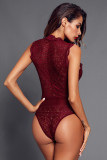 Red V Neck Hollow-out Lace Bodysuit