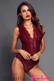 Red V Neck Hollow-out Lace Bodysuit