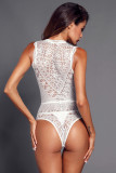 White V Neck Hollow-out Lace Bodysuit