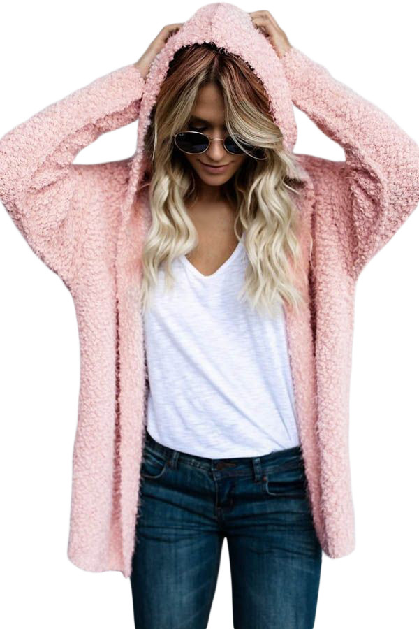 Stylish Pink Fluffy Hooded Open Front Cardigan