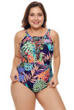 Colorful Tropical Jungle Crisscross Plunge V Neck Plus Maillot Swimwear