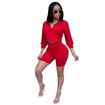 Red Sports Casual Stand Collar Zipper Two Pieces Pant Set