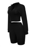 Black Sports Casual Stand Collar Zipper Two Pieces Pant Set