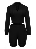 Black Sports Casual Stand Collar Zipper Two Pieces Pant Set