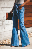 Blue High Waist Vintage Wide Leg Belted Stretchy Denim Jeans