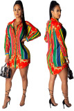 Red Sexy African Print Button Down Long Sleeve Collar Loose T-Shirt Blouse