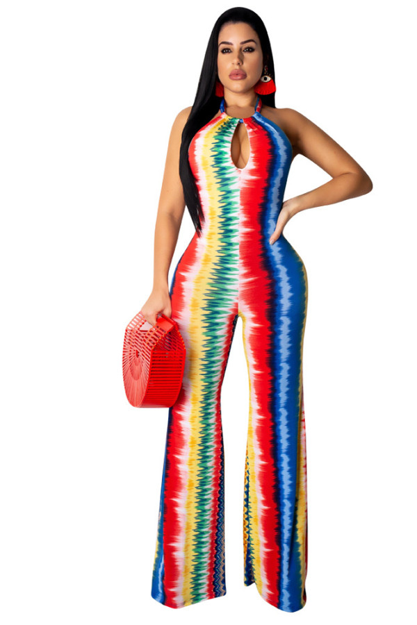 Multi-colored Sexy Halter Neck Sleeveless Wide Leg Long Pants Jumpsuits