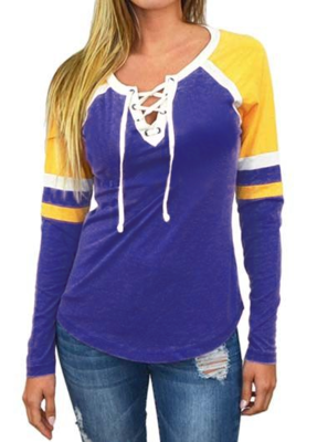 Purple Corss Ribbon Sexy Color Block Long Sleeves Shirt