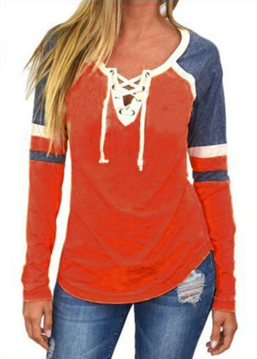 Orange Sexy Cross Ribbon Color Block Long Sleeves Shirt