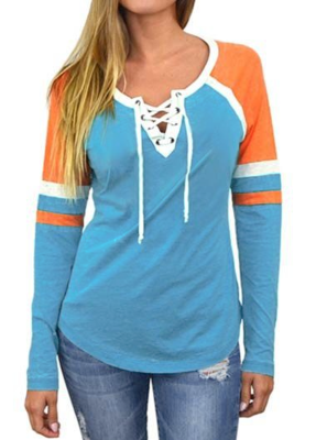 Blue Corss Ribbon Sexy Color Block Long Sleeves Shirt