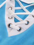 Blue Corss Ribbon Sexy Color Block Long Sleeves Shirt