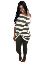 Army Green Ladies Striped Long Sleeve Swing Tunic Tops Loose Comfy Super Long T Shirt