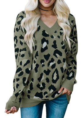 Green Leopard Pattern Pullover Sweater