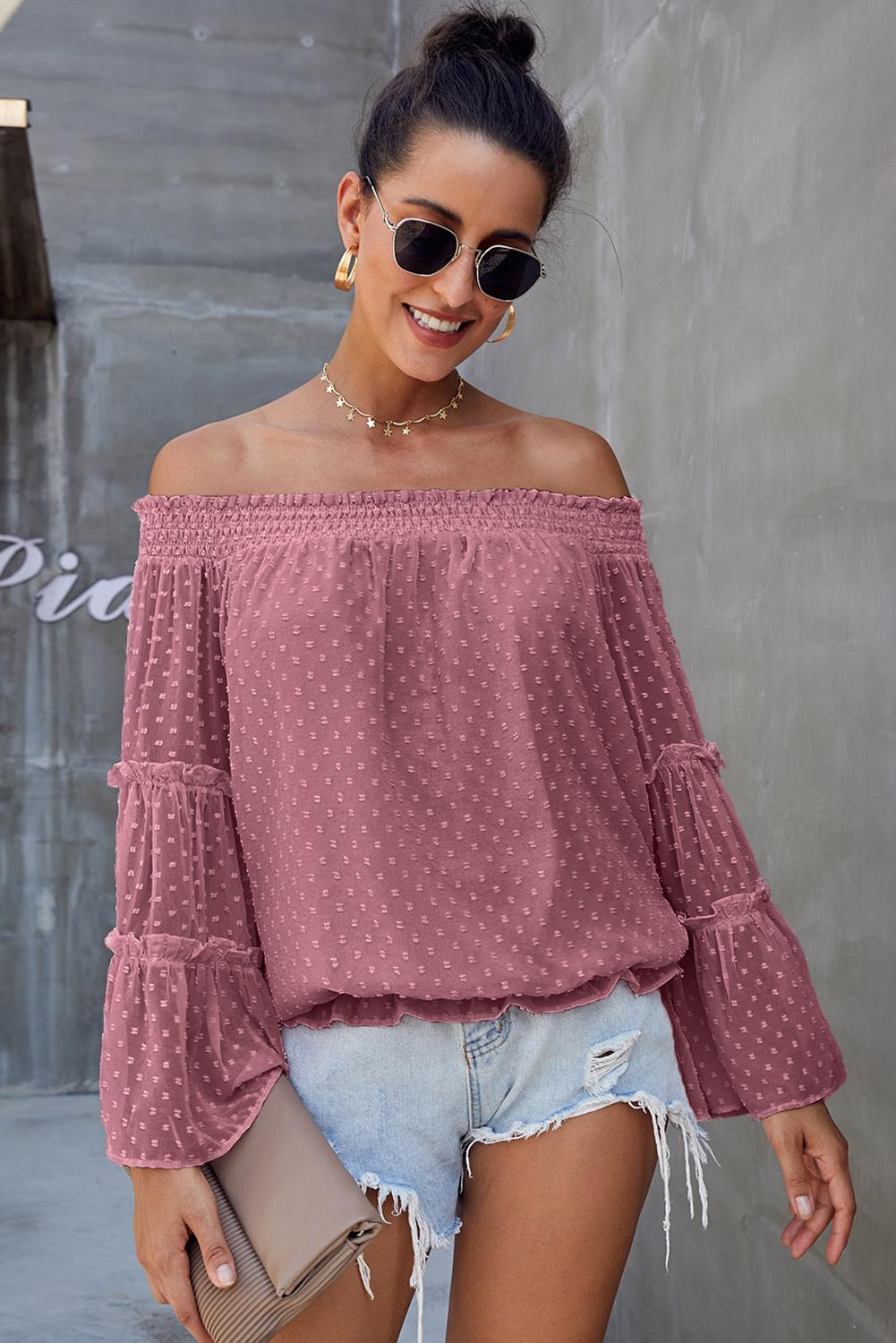 US$ 20.89 - Red Swiss Dot Off The Shoulder Top - www.unishe.com