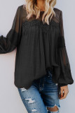 Black Fashion Lantern-Sleeve Lace Patchwork Top