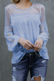Sky Blue Fashion Lantern-Sleeve Lace Patchwork Top
