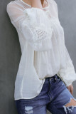 White Fashion Lantern-Sleeve Lace Patchwork Top