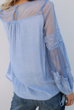 Sky Blue Fashion Lantern-Sleeve Lace Patchwork Top