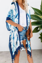 Blue Bohemian Print Open Front Loose Kimono Beach Cover up