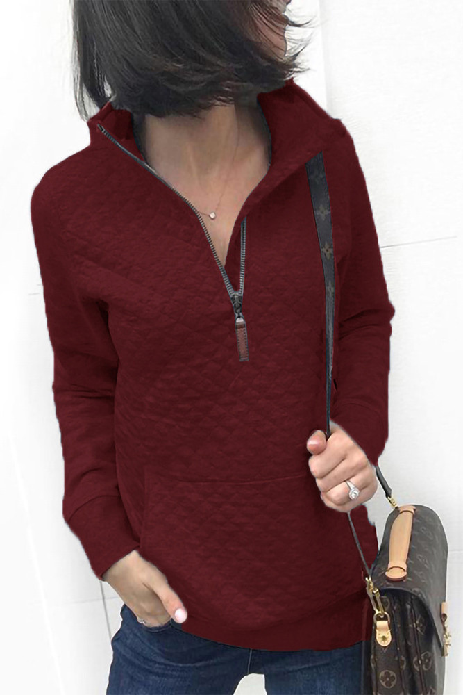 Download US$ 8.45 - Burgundy Women Long Sleeve Zipper Neck ...