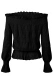 Black Off Shoulder Ruffle Long Sleeve Smocked Waist Lace Crochet Blouse