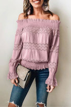 Pink Off Shoulder Ruffle Long Sleeve Smocked Waist Lace Crochet Blouse