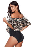 Leopard Printed Off Shoulder Flounce Overlay One-piece Swimwear