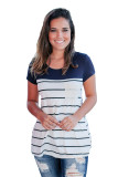 Navy Striped Top with Lace Pocket