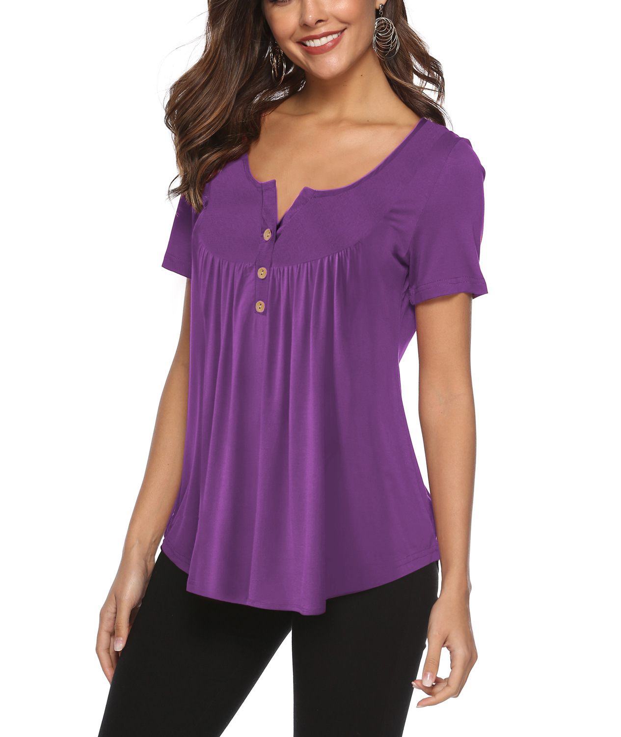 US$ 13.77 - Light Purple V Neck Top with Button - www.unishe.com