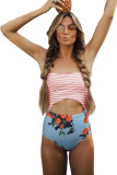 Yellow Floral Print Patchwork Stripes One-piece Swimsuit