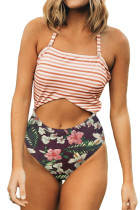 Green Floral Print Patchwork Stripes One-piece Swimsuit