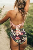 Green Floral Print Patchwork Stripes One-piece Swimsuit